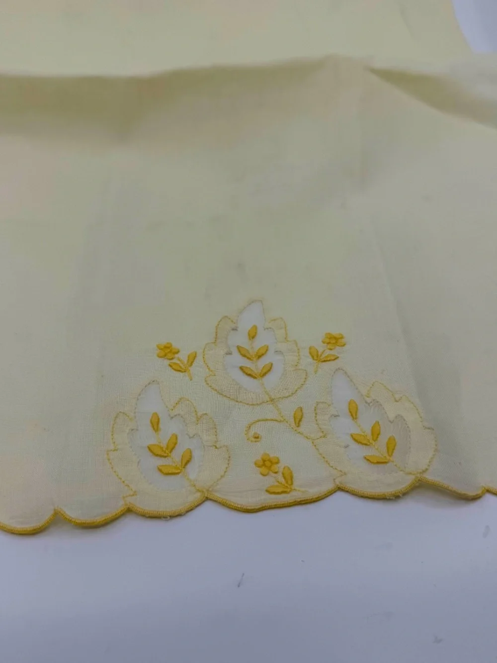 Pair Vintage Embroidered Pale Yellow Madeira Linen & Organza Fingertip Towels